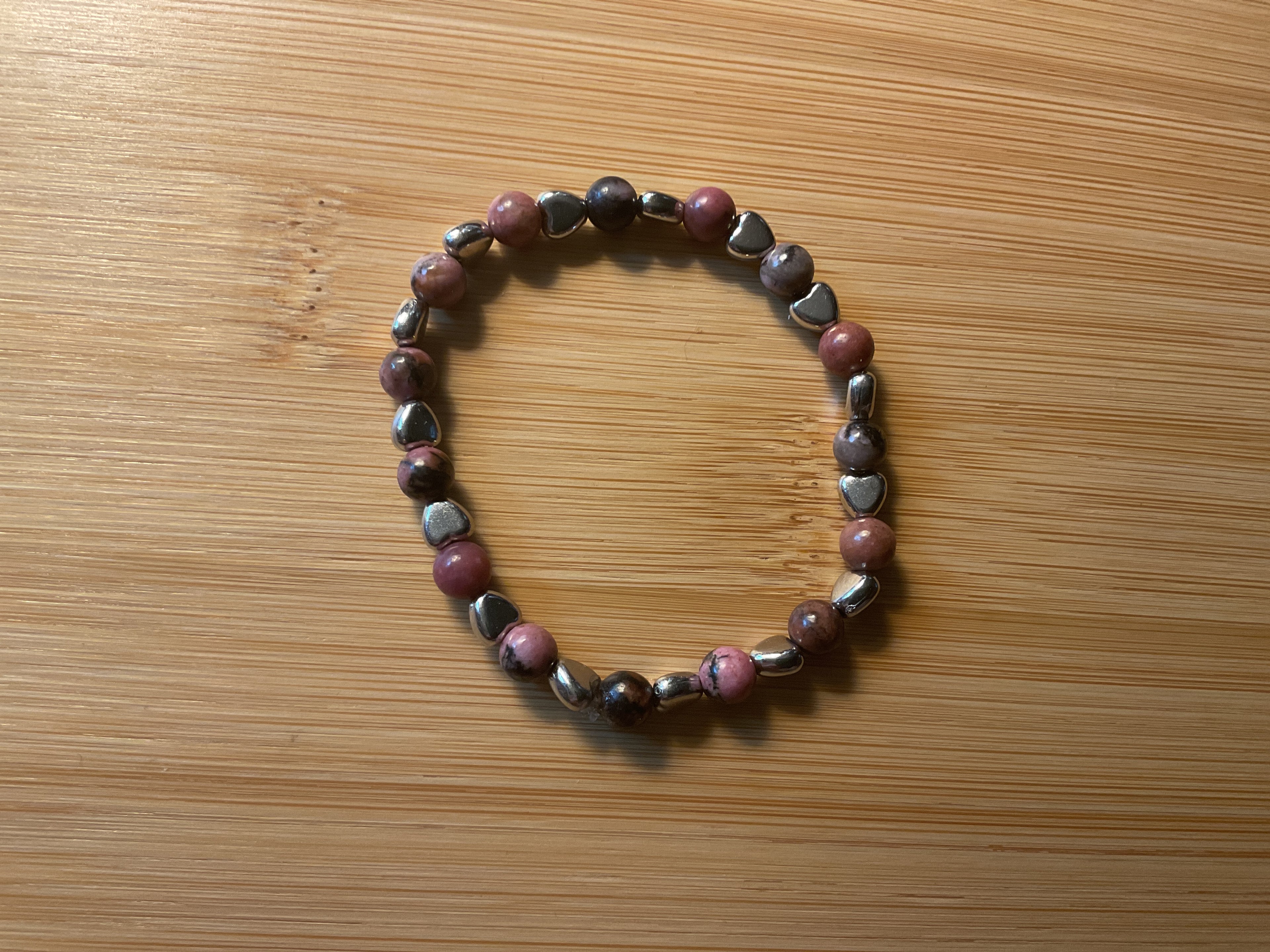 Pink Black Brown Glass Bead Bracelet with Silver Heart Charms