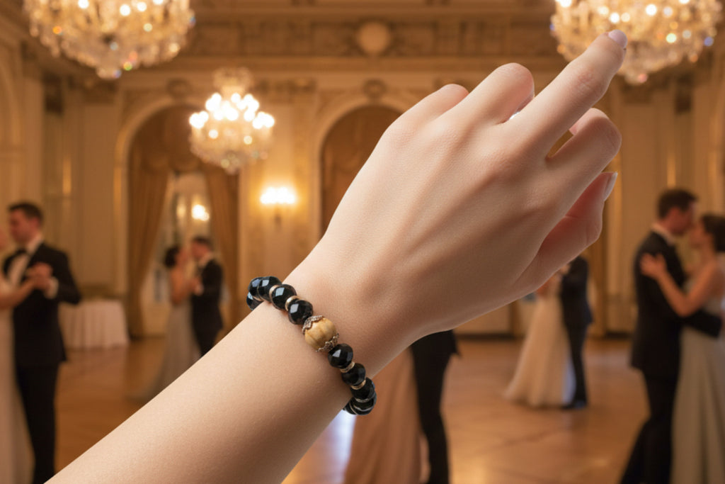 Black Crystal & Wood Bead Bracelet with Gold Spacers
