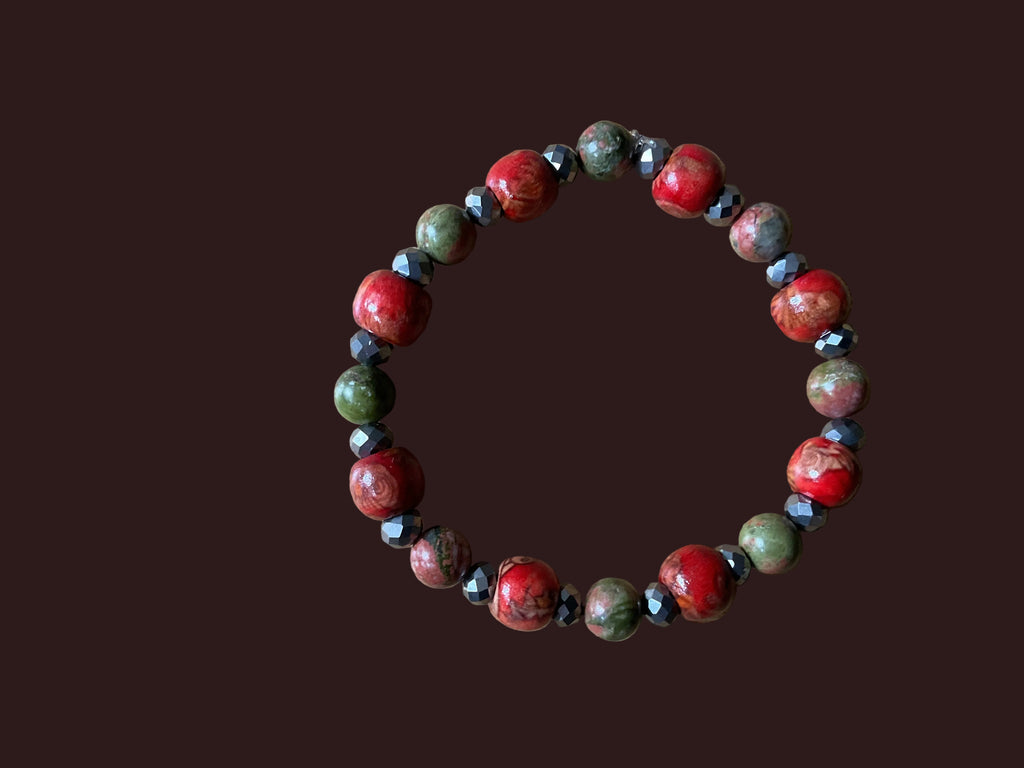 Red Wood & Glass Bead Stretch Bracelet