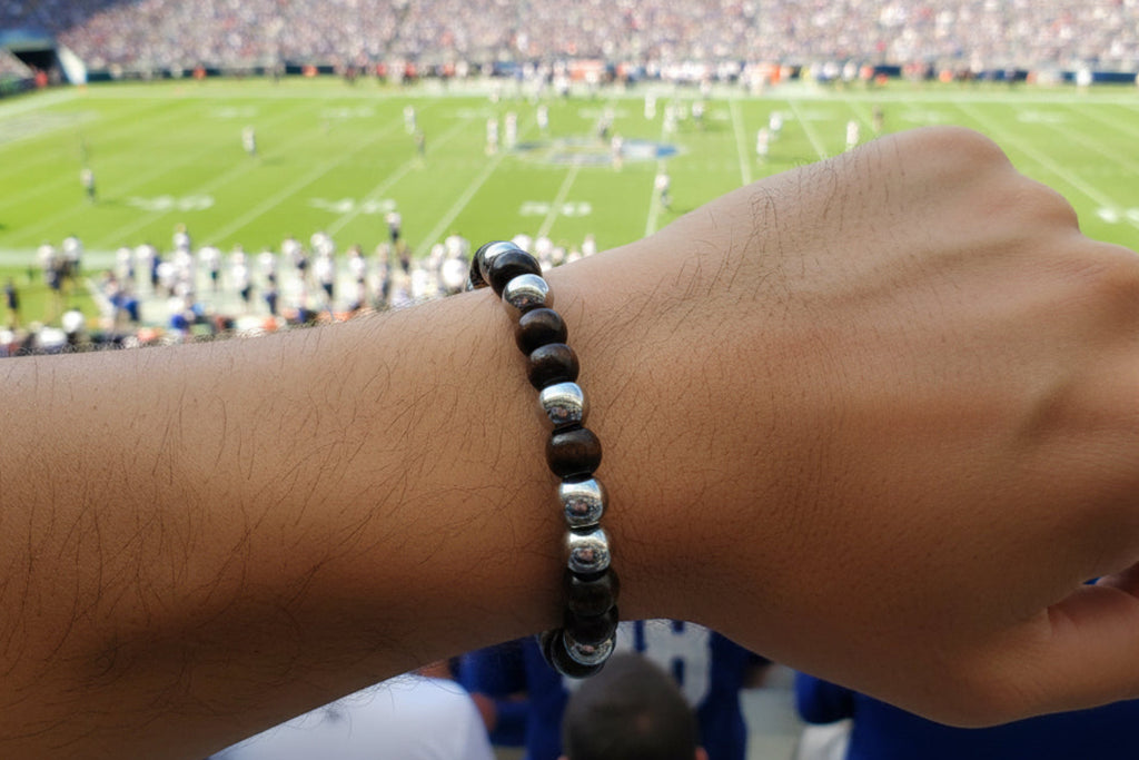Dark Brown Wood & Silver Metal Bead Slip-On Bracelet