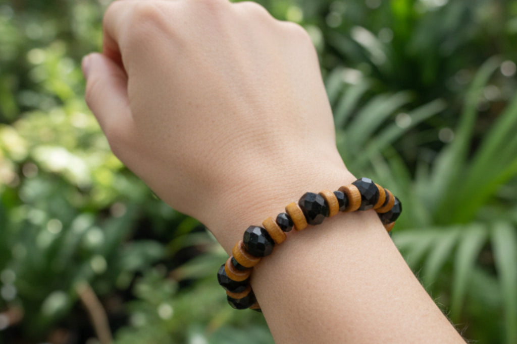 Black Crystal Glass & Wood Bead Bracelet