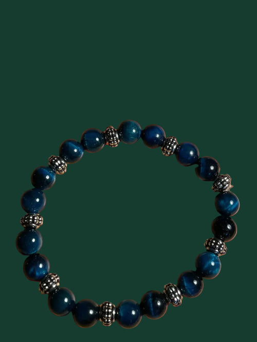 Blue Tiger Eye Beaded Bracelet with Silver Designer  Spacers