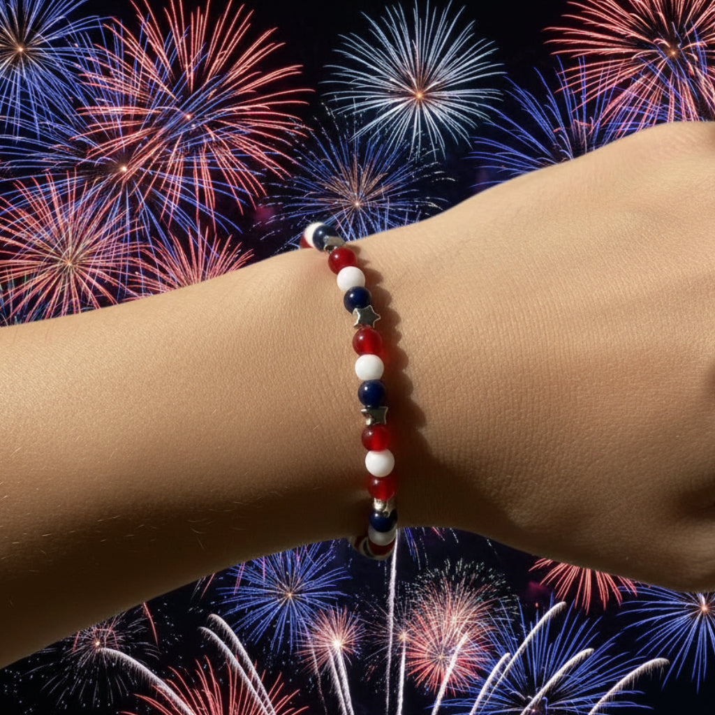 Red White and Blue Glass Beads Bracelet with Silver Star Charm