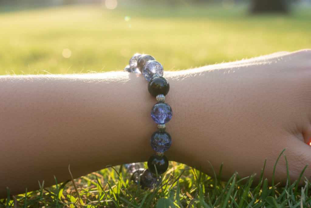 Purple & Black Crystal Glass Bead Bracelet with Silver Spacers
