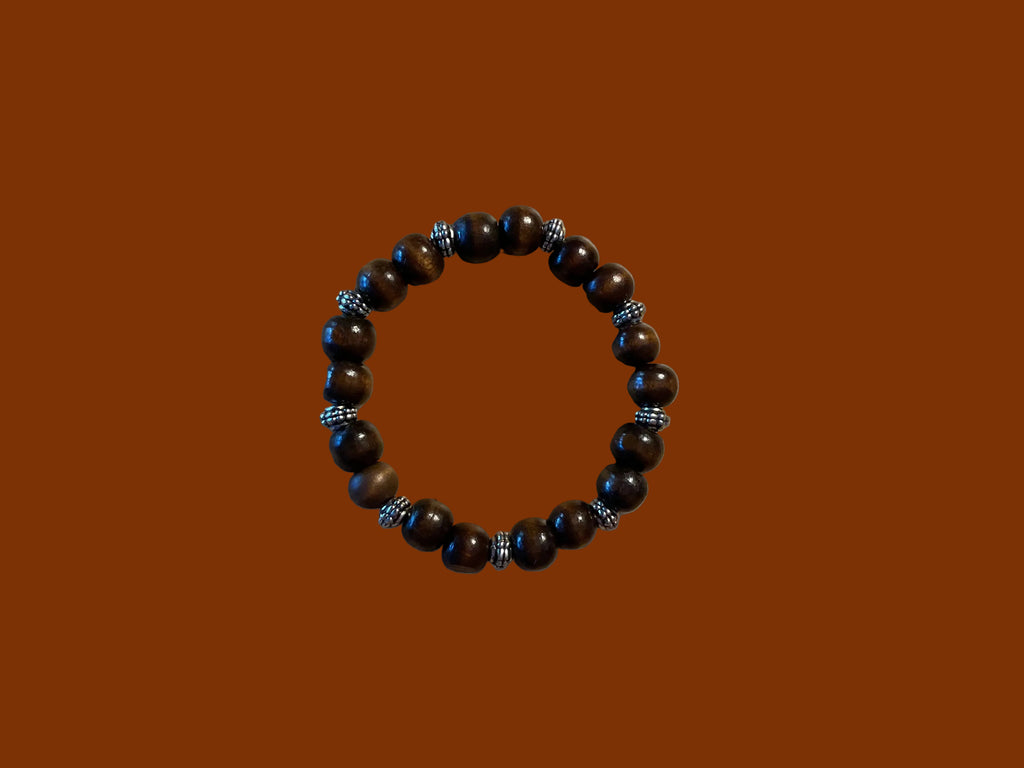 Dark Brown Wood Bead Bracelet with Silver Floral Spacers