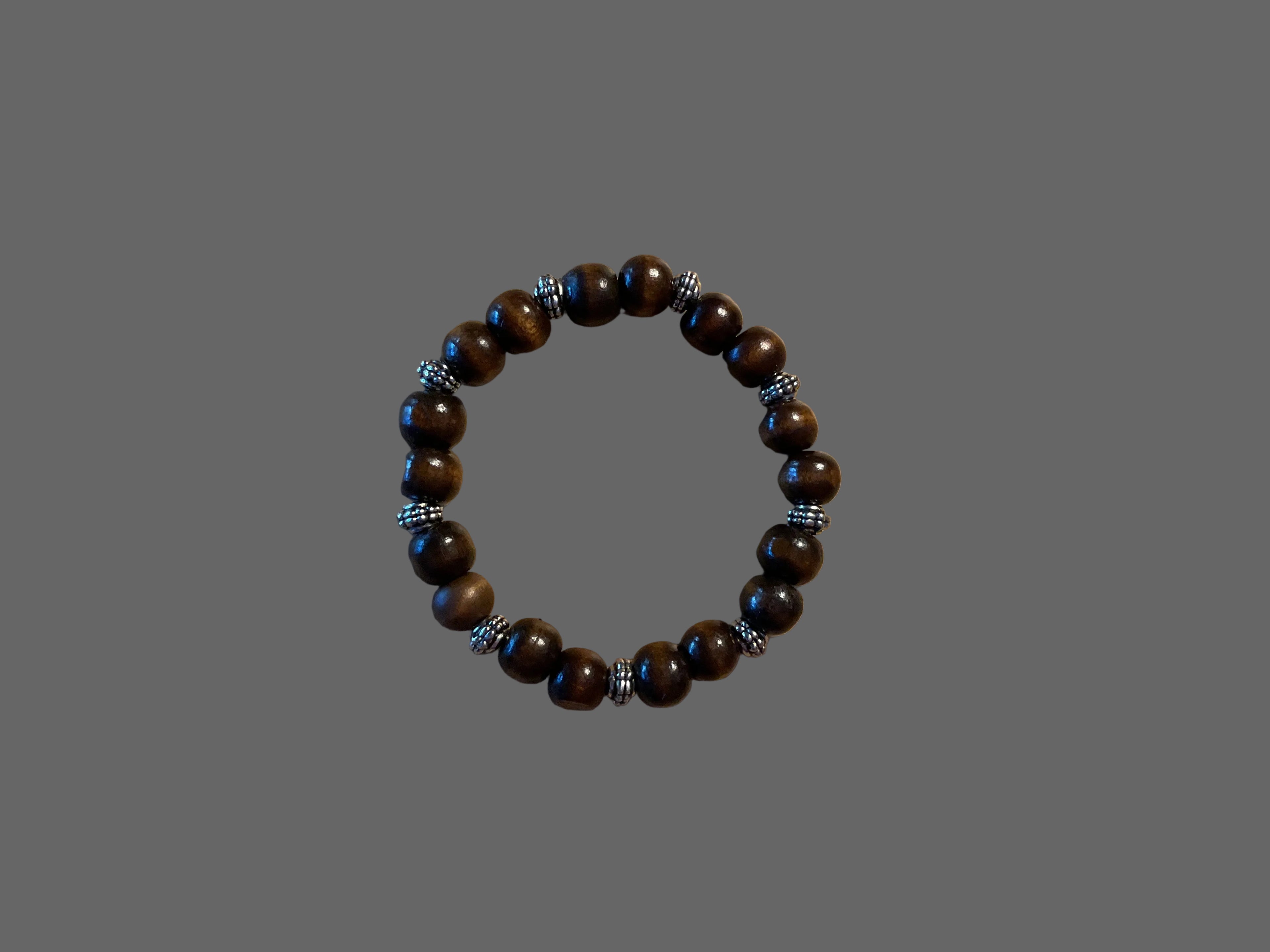 Dark Brown Wood Bead Bracelet with Silver Floral Spacers