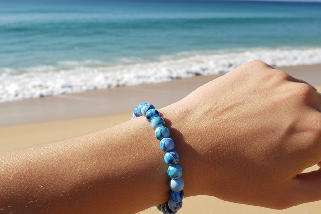 Blue, White & Black Round Glass Bead Bracelet