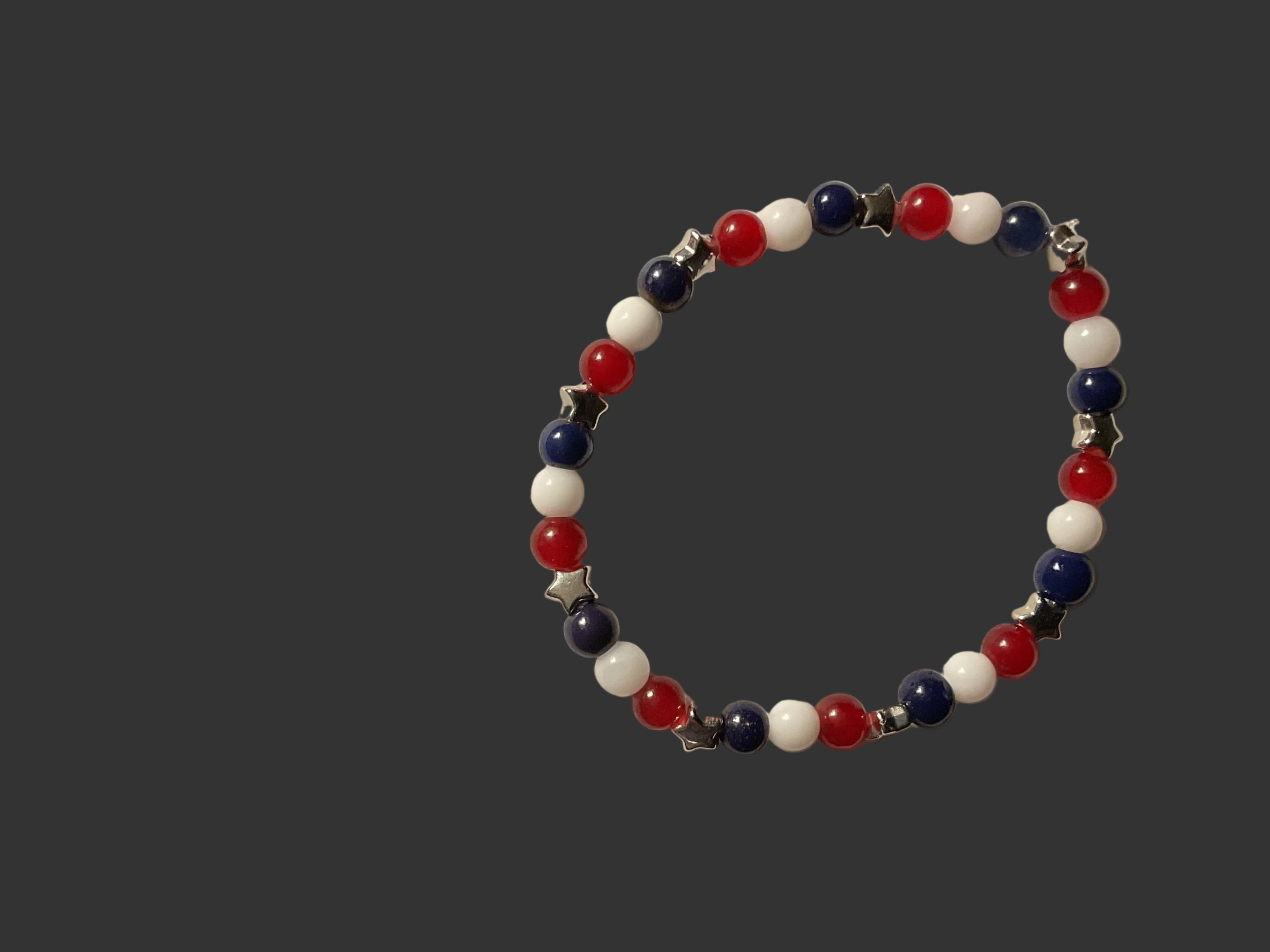 Red White and Blue Glass Beads Bracelet with Silver Star Charm