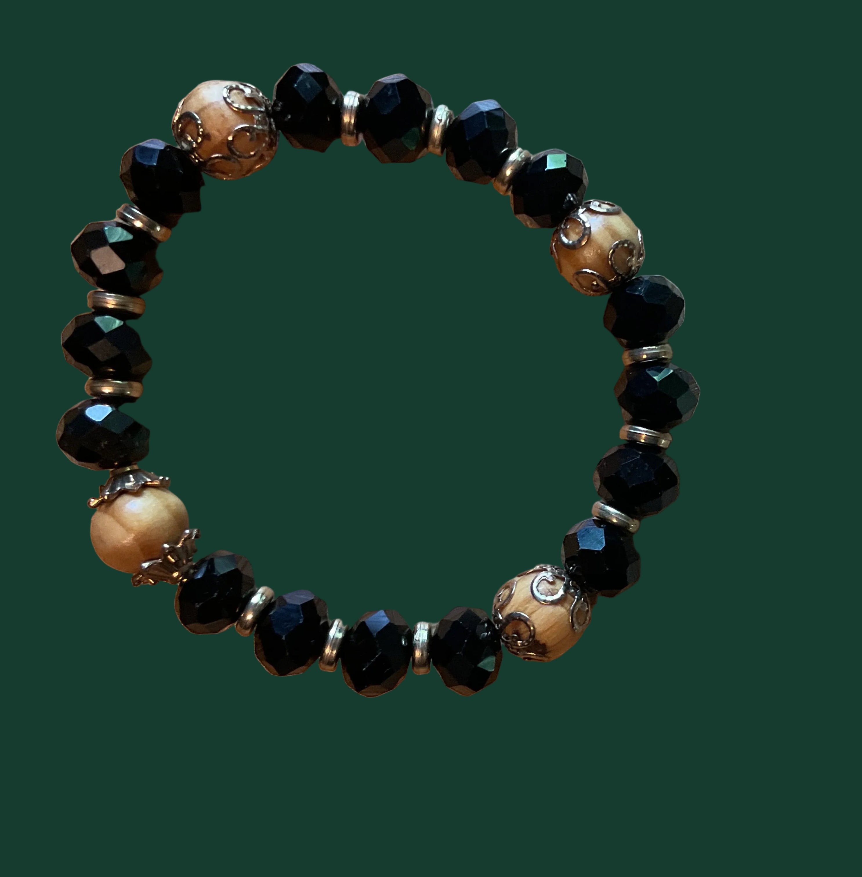 Black Crystal & Wood Bead Bracelet with Gold Spacers