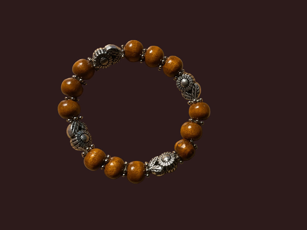 Brown Wood Bead & Silver Sunflower Charm Slip-On Bracelet