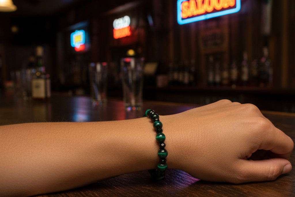 Tiger Eye Green & Black Crystal Glass Bead Slip-On Bracelet