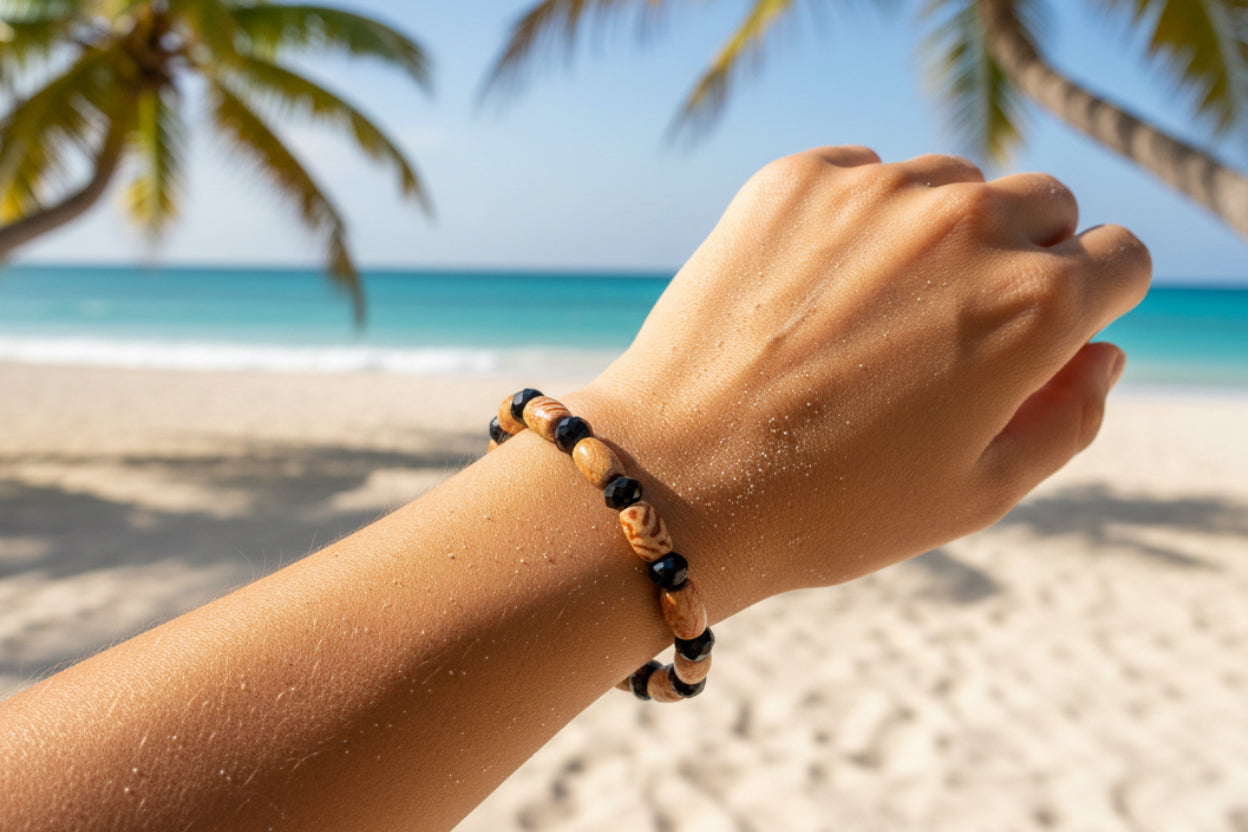 Wood Design Bead & Black Crystal Glass Slip-On Bracelet